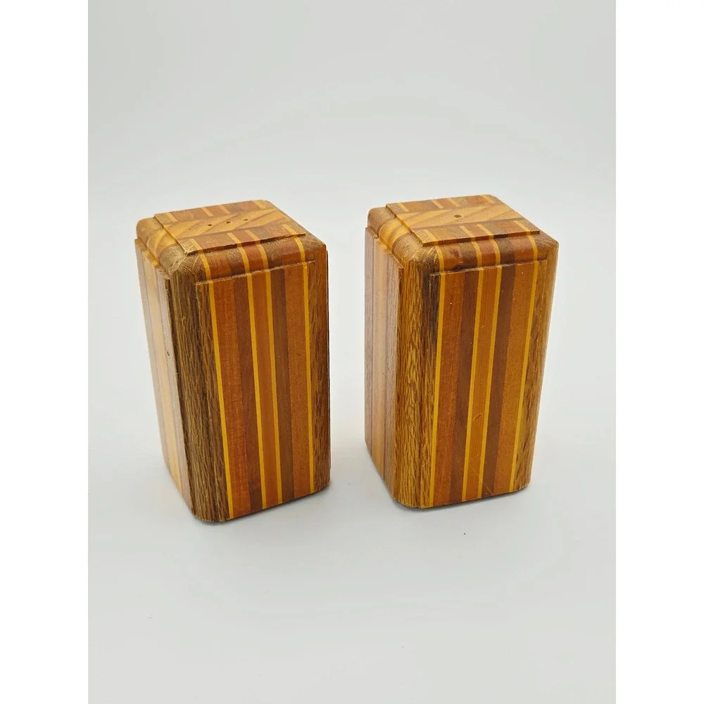 Vintage Inlaid Wood Salt and Pepper Shakers Set Rectangular Geometric Striped